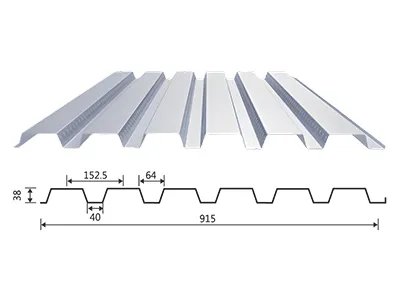 Placas colaborantes de acero (Perfil trapezoidal de 38 mm de profundidad × 915 mm de ancho)
